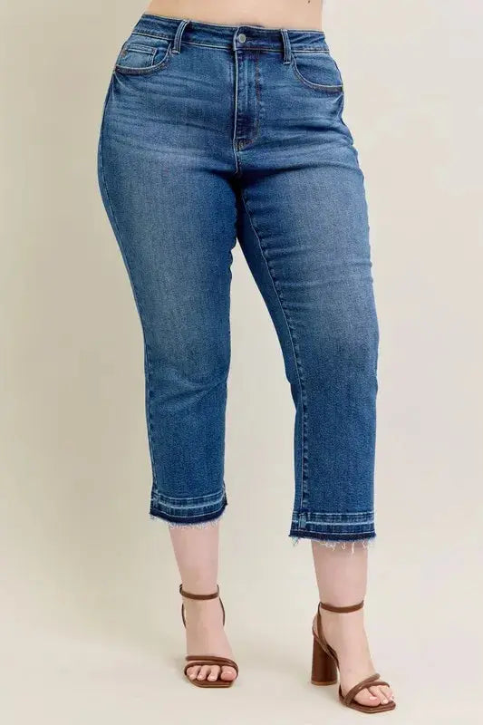 Full Size High Waist Vintage Wash Release Hem Kick Flare Judy Blue Jeans - Be Bliss Boutique