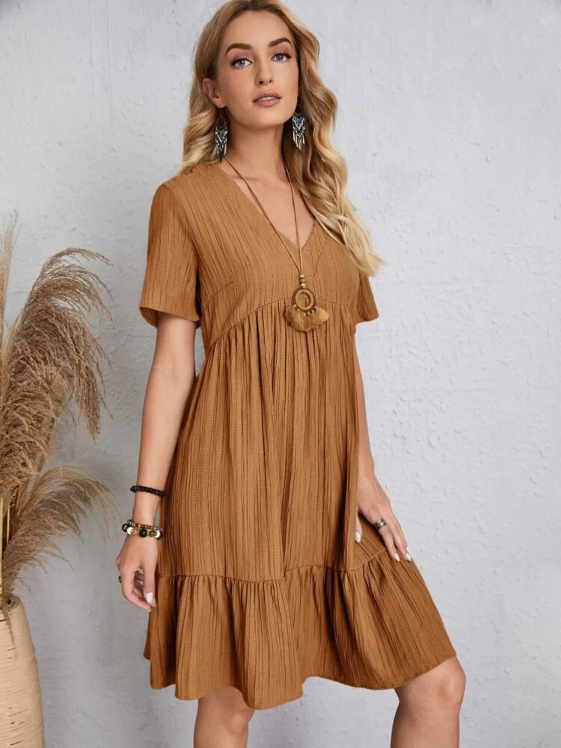 Boho Textured V-Neck Short Sleeve Babydoll Dress - Be Bliss Boutique