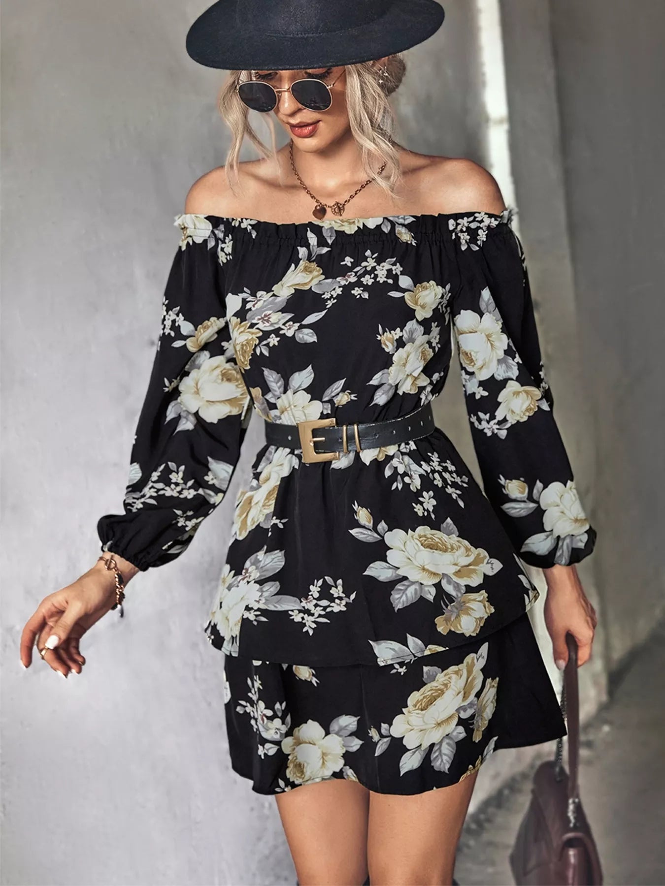 Off-Shoulder Floral Print Long Sleeve Mini Dress - Be Bliss Boutique