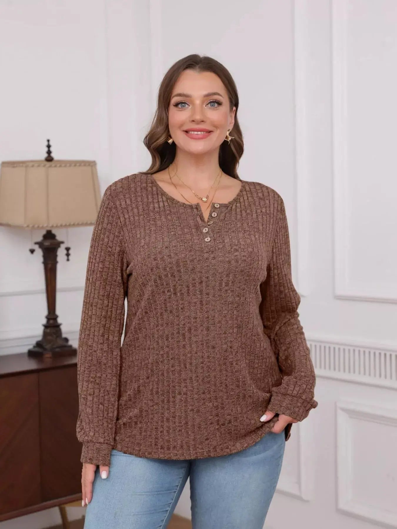 Ribbed Knit Button Front Long Sleeve T Shirt - Be Bliss Boutique