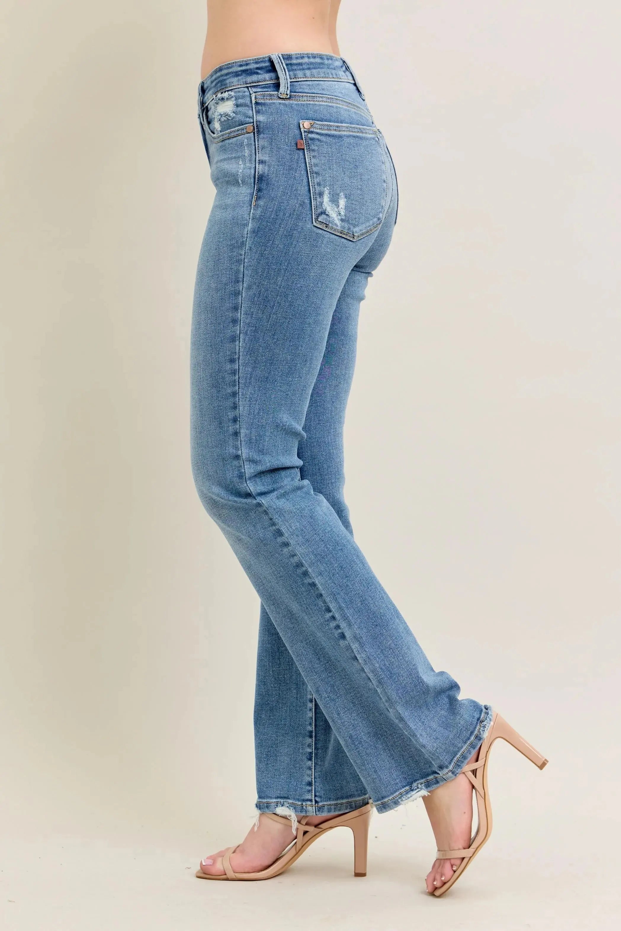 Full Size Mid Rise Wash Destroy Hem Bootcut Judy Blue Jeans - Be Bliss Boutique