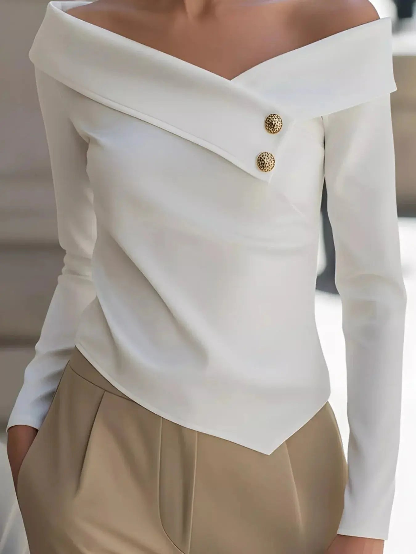 Decorative Button Off Shoulder Blouse - Be Bliss Boutique