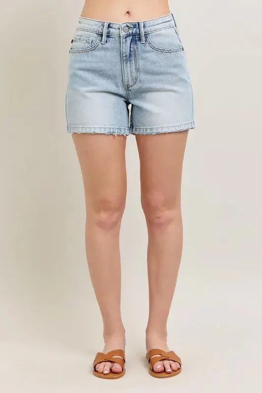 Judy Blue Jeans - Plus Size Frayed Hem High Rise Denim Shorts with Pockets - Be Bliss Boutique