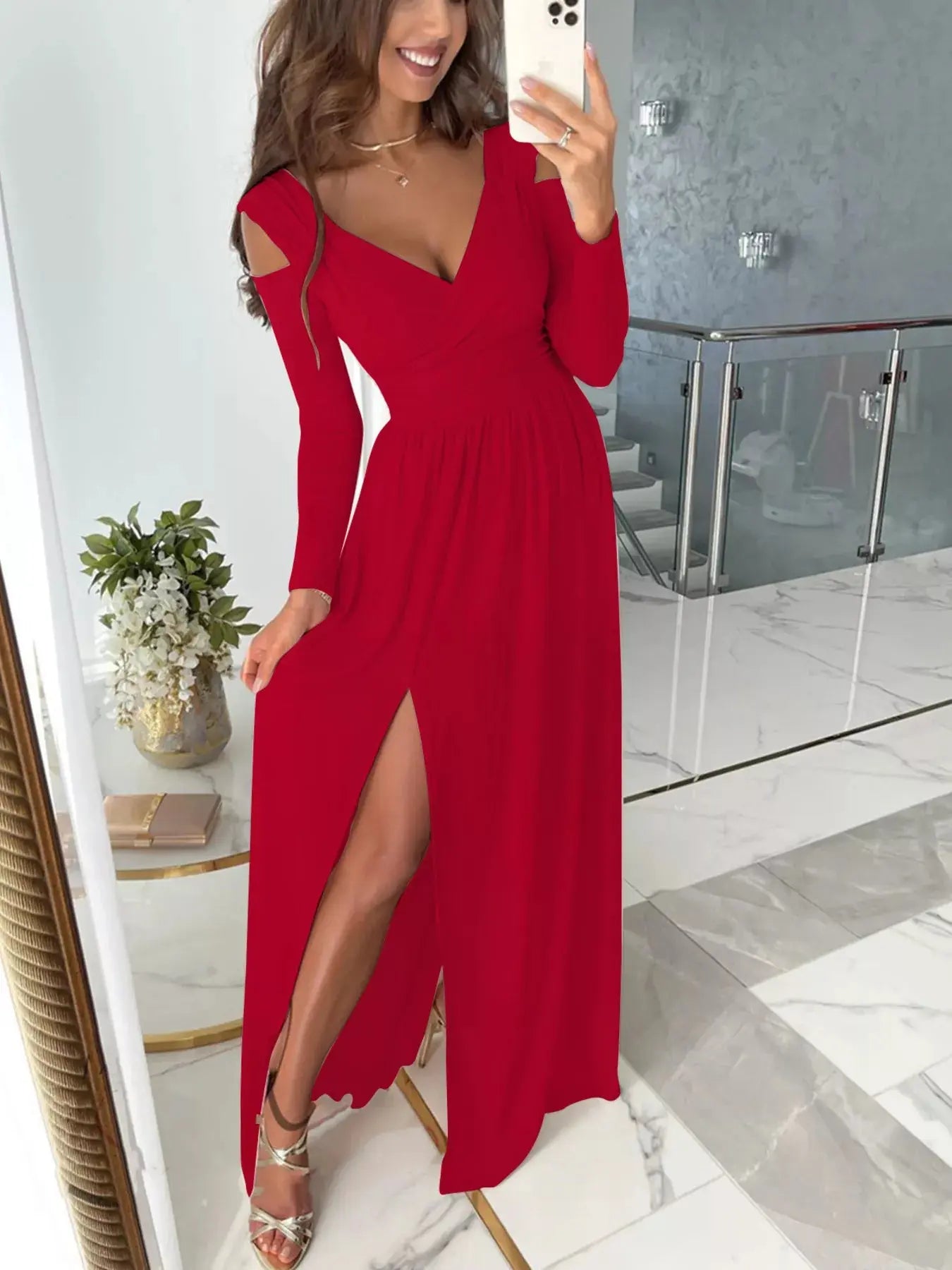 Slit Surplice Cold Shoulder Maxi Dress - Be Bliss Boutique