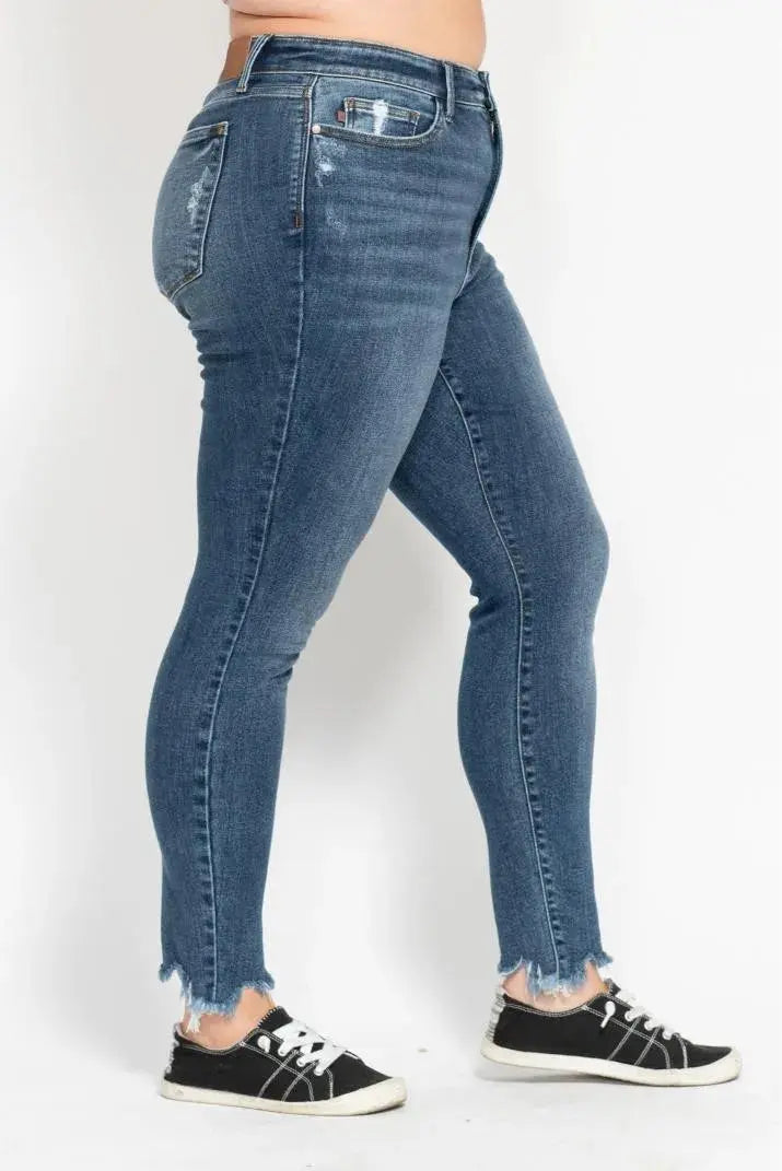 Plus Size High Waist Skinny Judy Blue Jeans with Destroy & Shark Bit Hem - Be Bliss Boutique