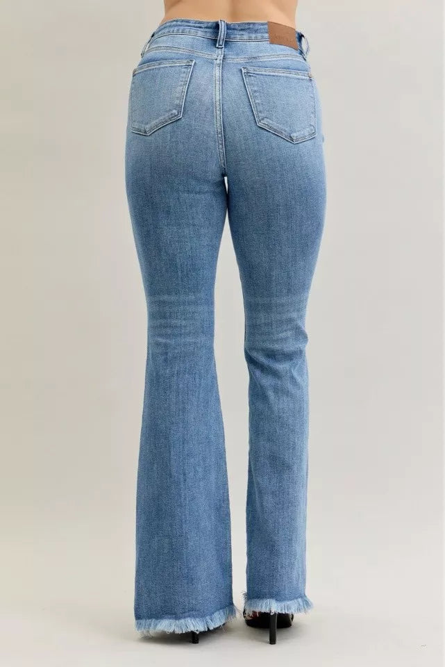 Judy Blue Jeans - High Waist Flare Fray Hem Jeans with Front Pintuck Detail - Be Bliss Boutique