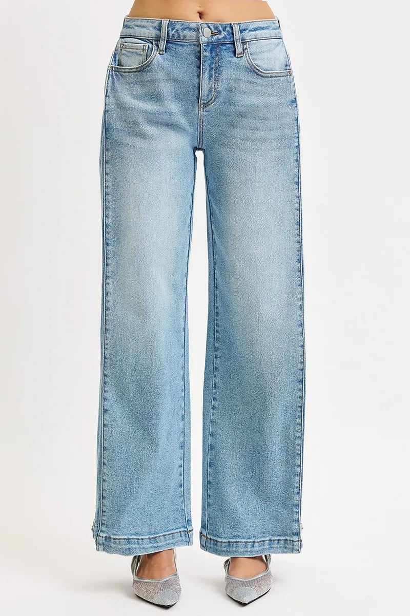 RISEN Jeans - Mid Rise Wide Barrel Transferable Leg Snap Jeans - Be Bliss Boutique