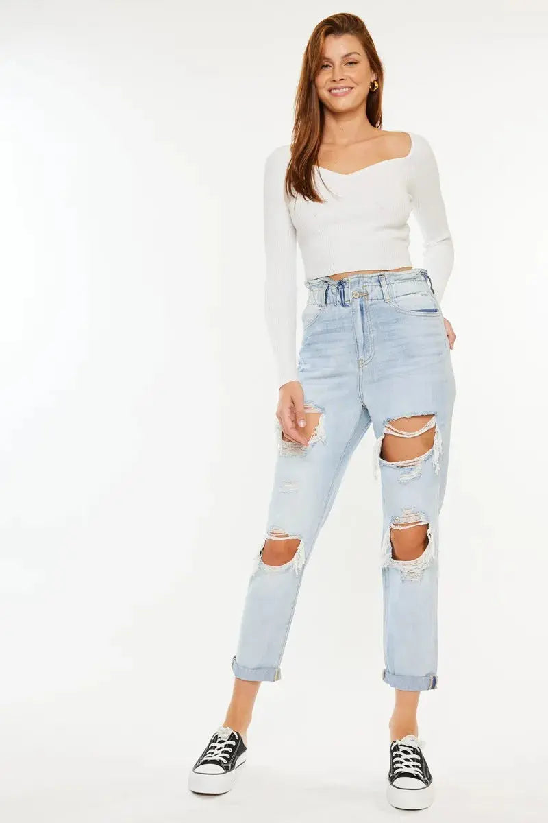 Open Pack Paperbag Distressed Kancan Mom Jeans - Be Bliss Boutique
