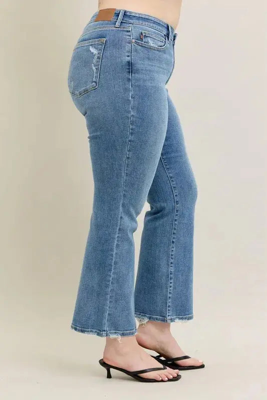 Full Size Mid Rise Wash Destroy Hem Bootcut Judy Blue Jeans - Be Bliss Boutique