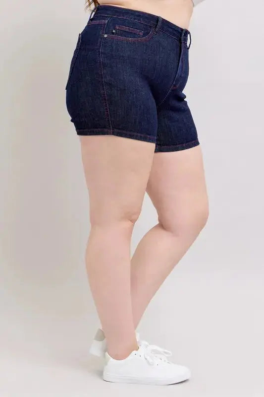 Judy Blue Jeans - Plus Size High Waist Heart Shaped Pockets Denim Shorts with Red Contrast Thread - Be Bliss Boutique