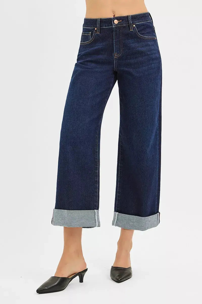 RISEN Jeans - Mid Rise Fit Ankle Wide Roll Up Jeans - Be Bliss Boutique