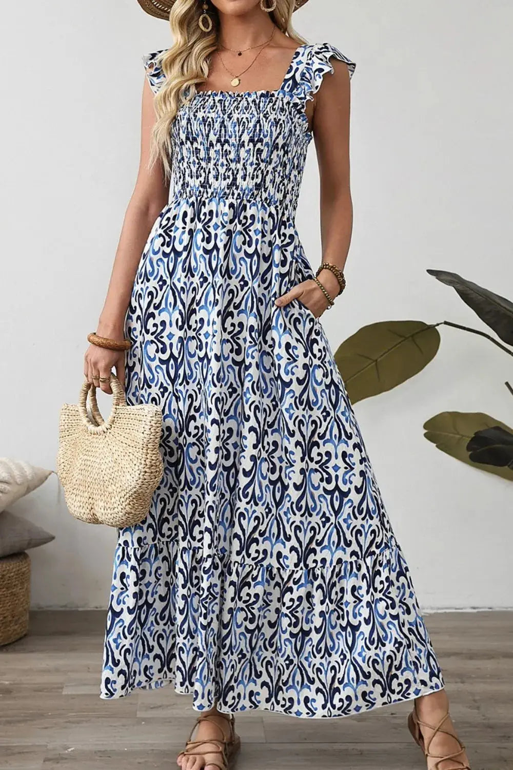 Smocked Printed Square Neck Boho Tiered Midi Dress - Be Bliss Boutique