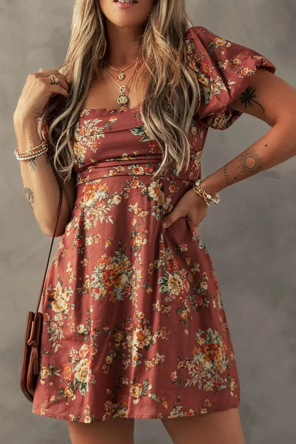 Floral Puff Sleeve Square Neck Knot Open Back Mini Dress - Be Bliss Boutique