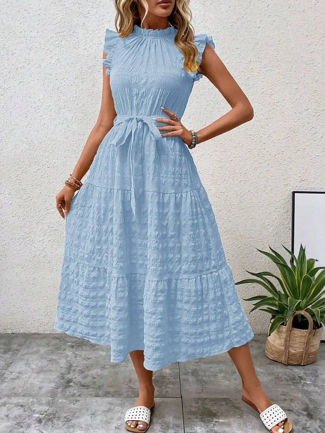Tied Ruffled Cap Sleeve Midi Dress - Be Bliss Boutique