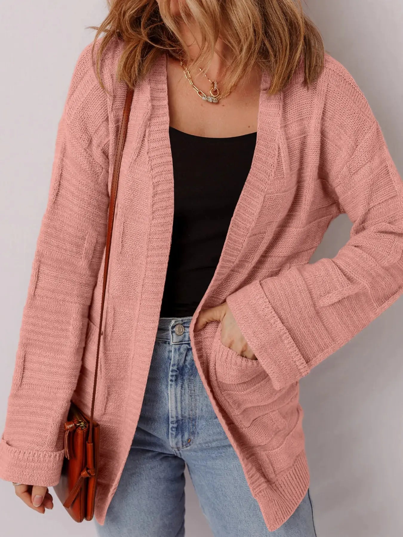 Textured Knit Open Front Cardigan with Pockets - Be Bliss Boutique