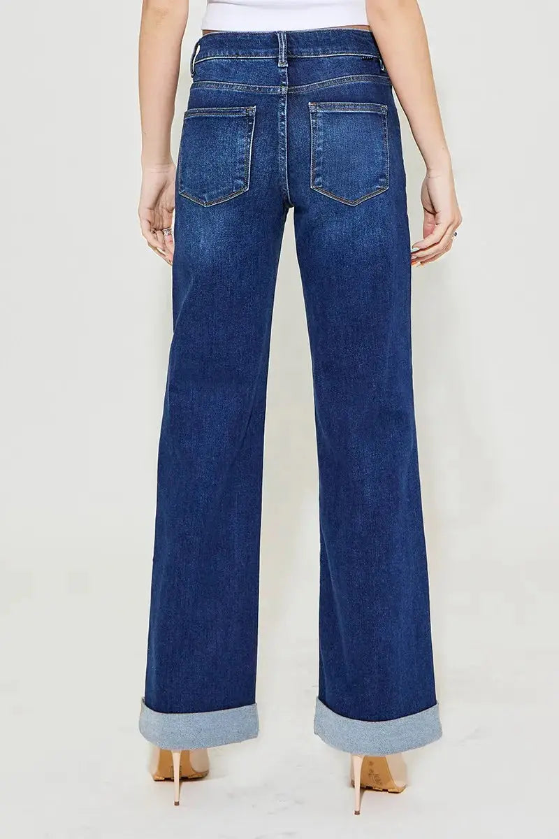 Full Size Tummy Control High Rise Wide Leg Cuffed RISEN Jeans - Be Bliss Boutique