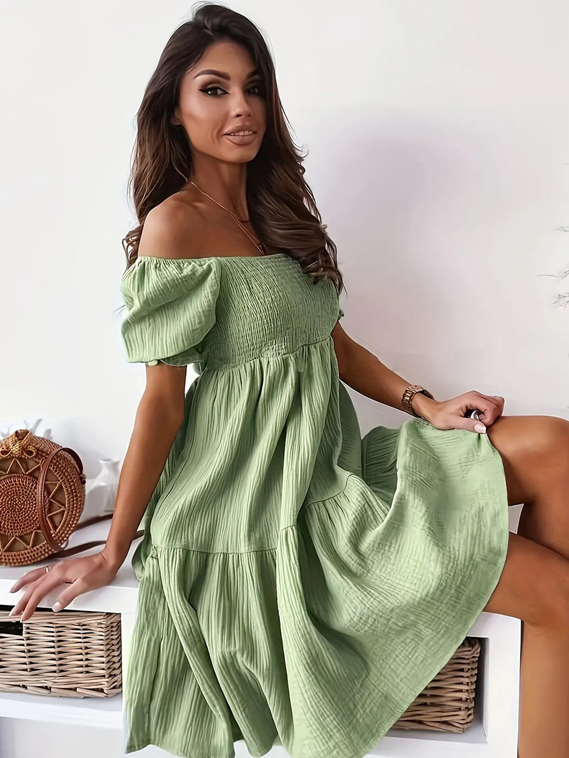Full Size Ruffled Off Shoulder Short Sleeve Dress - Be Bliss Boutique