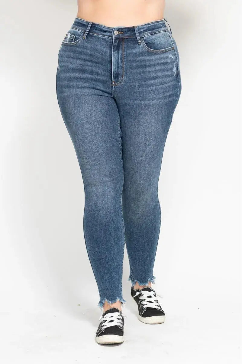 Plus Size High Waist Skinny Judy Blue Jeans with Destroy & Shark Bit Hem - Be Bliss Boutique