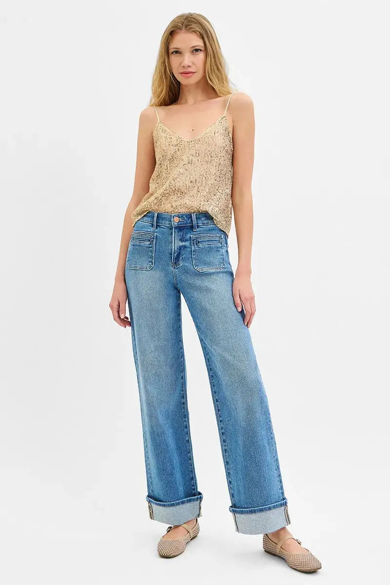 Full Size Elastic Band Mid Rise Wide Front Patch Pocket Cuff RISEN Jeans - Be Bliss Boutique