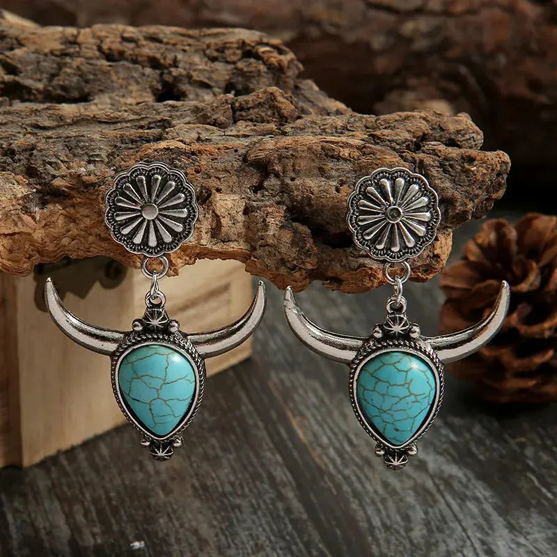 Western Cow Head Turquoise Statement Earrings - Be Bliss Boutique