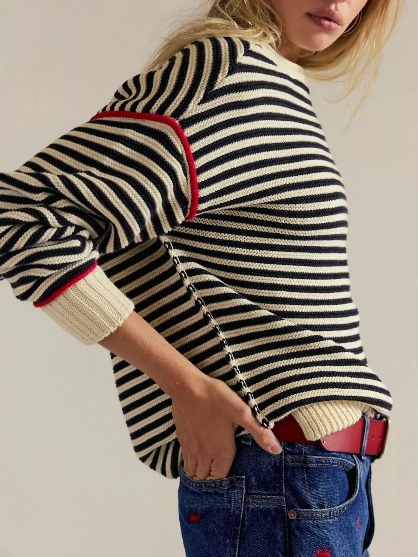 Striped Round Neck Long Sleeve Sweater - Be Bliss Boutique