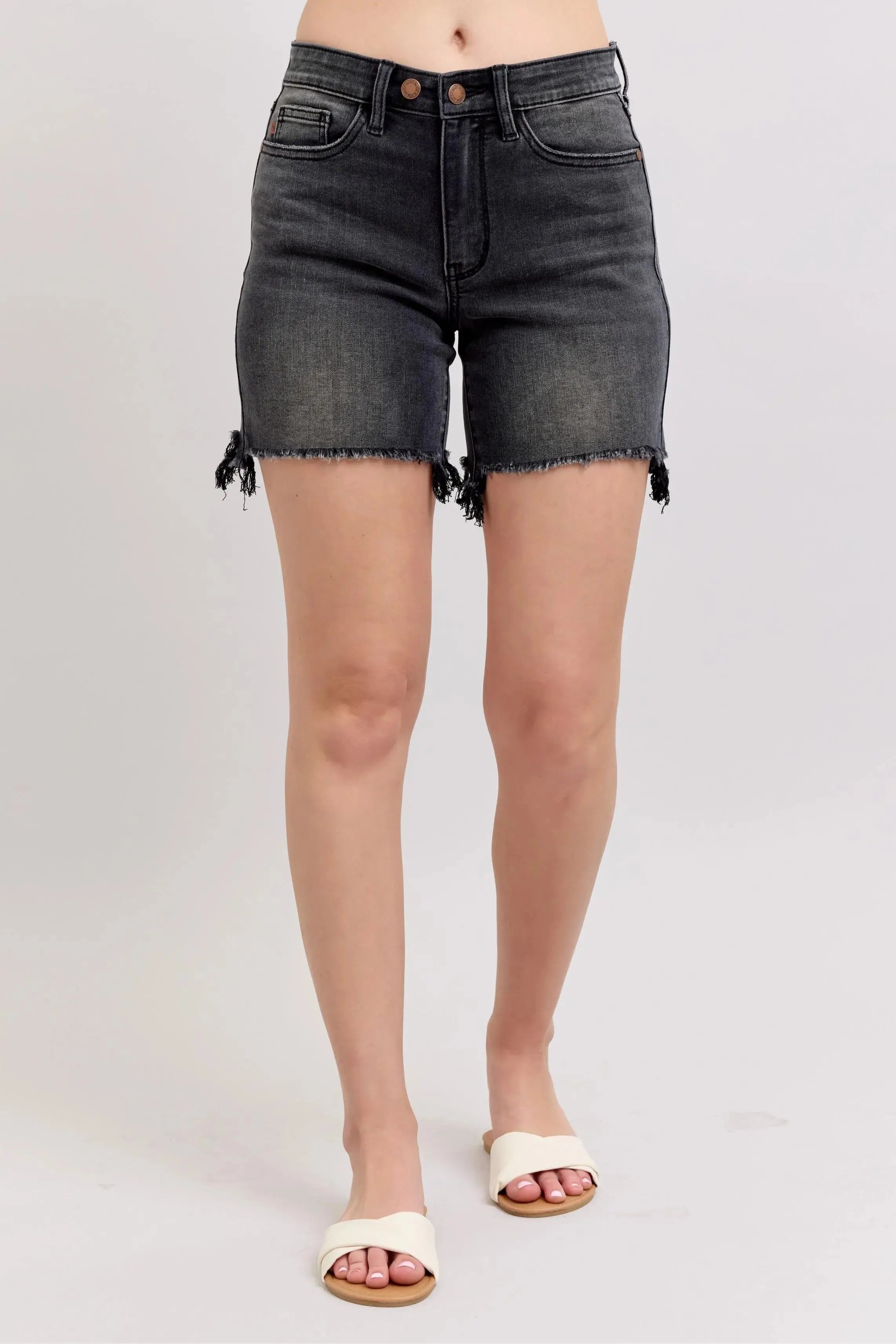 Judy Blue Jeans - Plus Size Long Cut Off 2 Button Dad Denim Shorts - Be Bliss Boutique