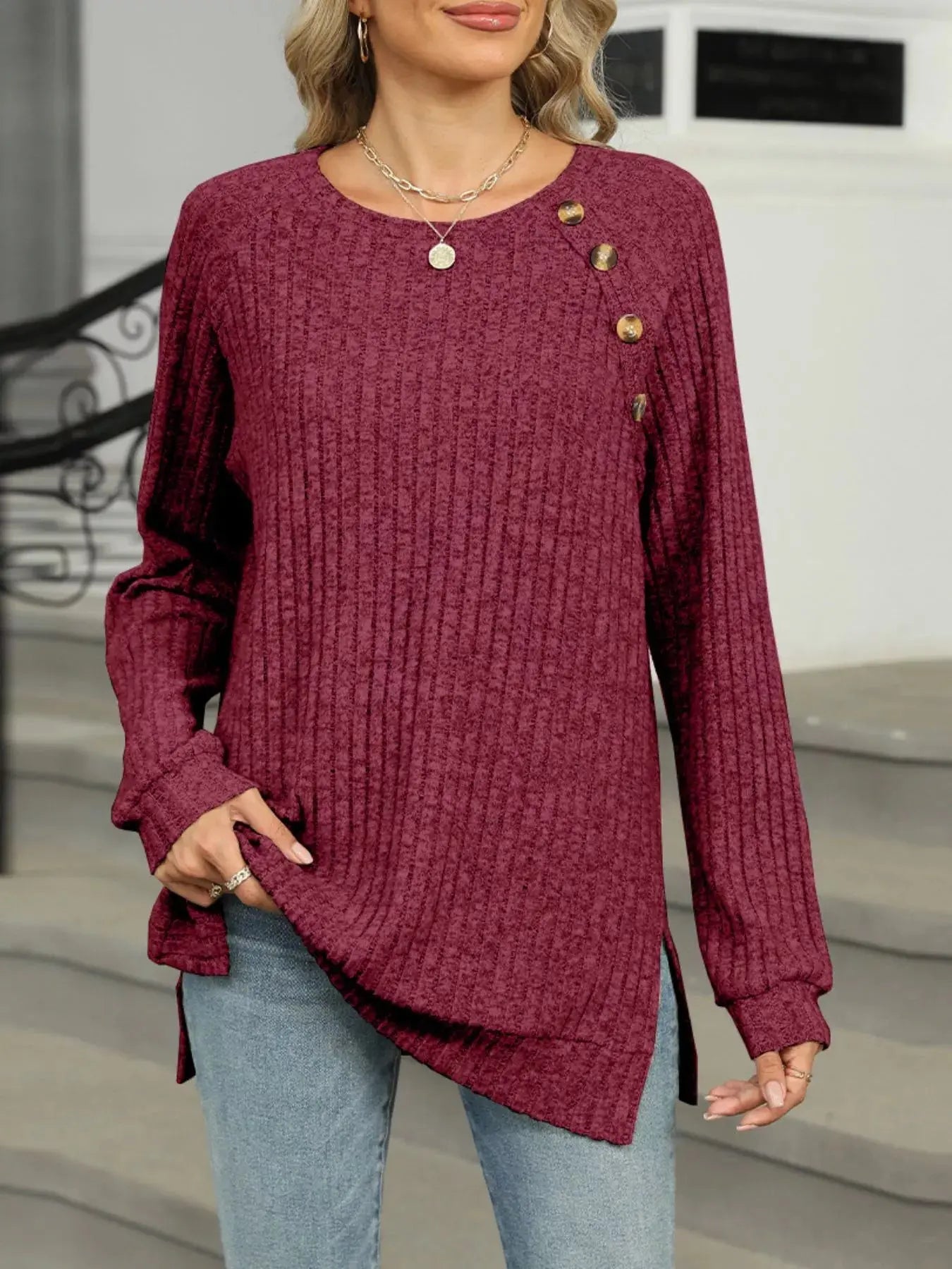 Cozy Chic Ribbed Button Detail Long Sleeve Tunic - Be Bliss Boutique