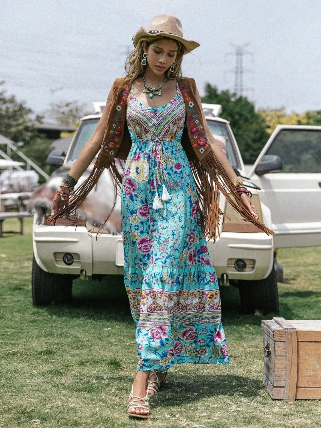 Boho Tassel Floral Print Tiered Cami Dress - Be Bliss Boutique