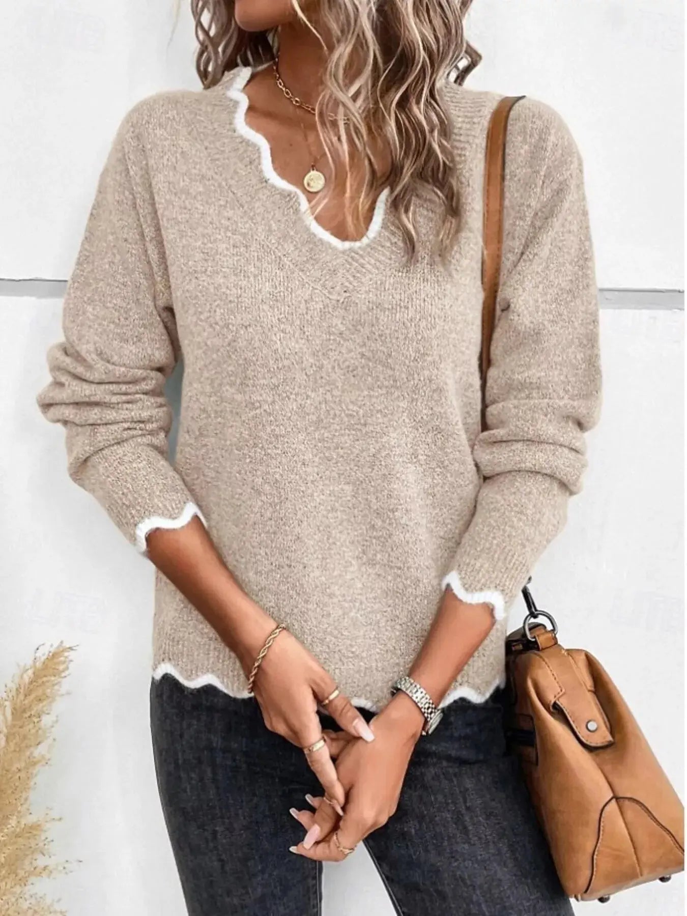 Scalloped Trim Plus Size V Neck Sweater - Be Bliss Boutique