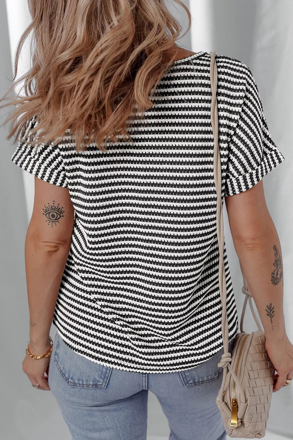Stripe Textured Knit Notched Neck Cuffed Short Sleeve Shirt - Be Bliss Boutique