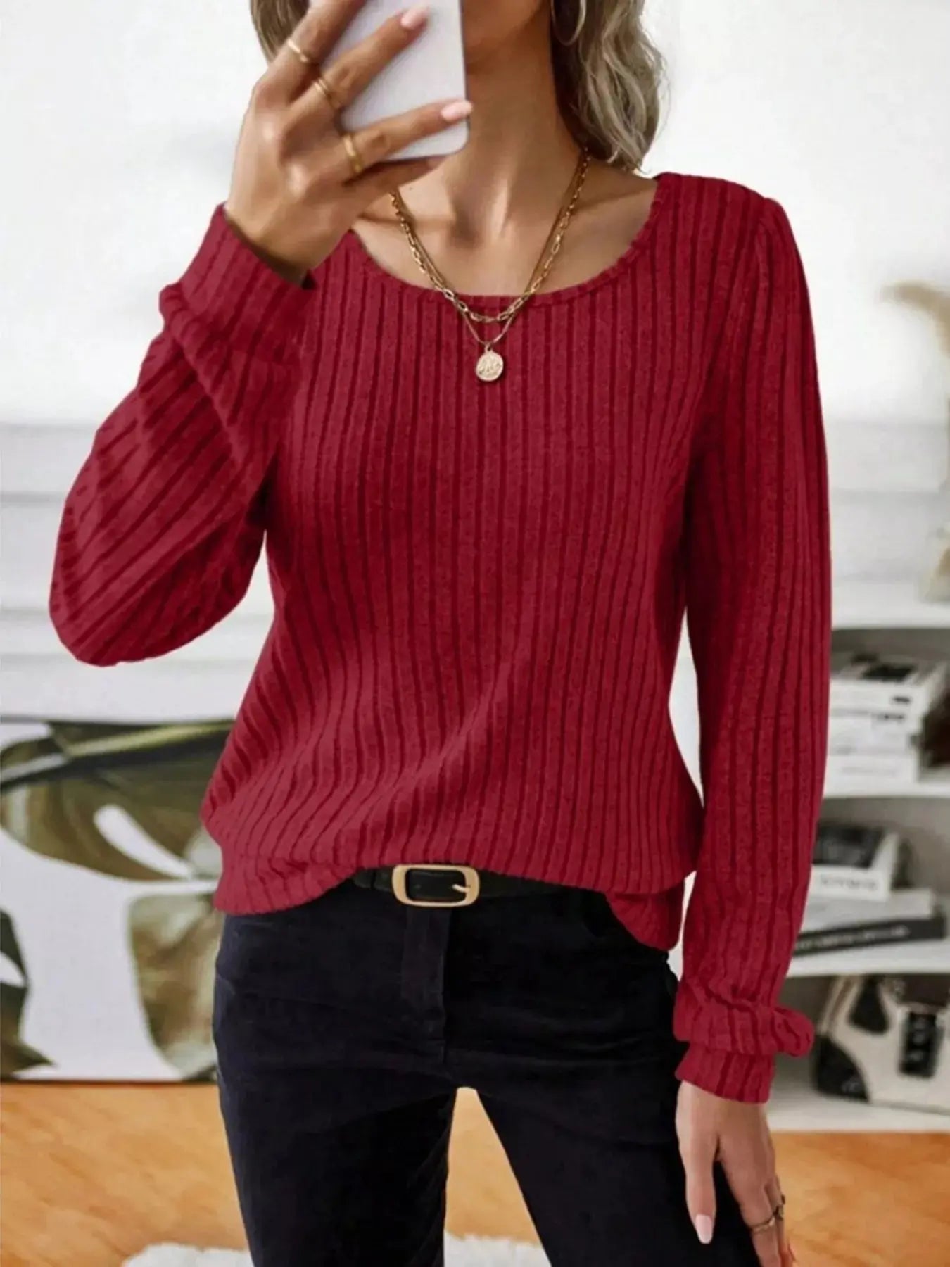 Ribbed Knit Long Sleeve T Shirt - Be Bliss Boutique