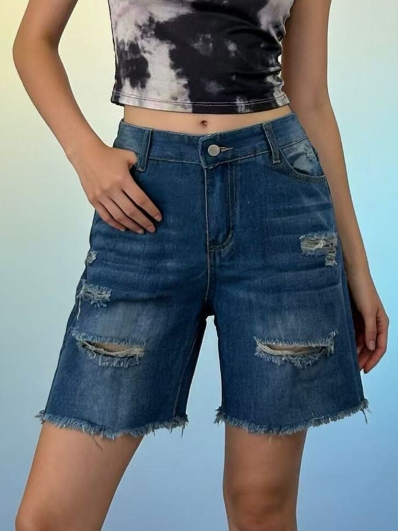 Plus Size Ripped Frayed Hem Denim Shorts - Be Bliss Boutique