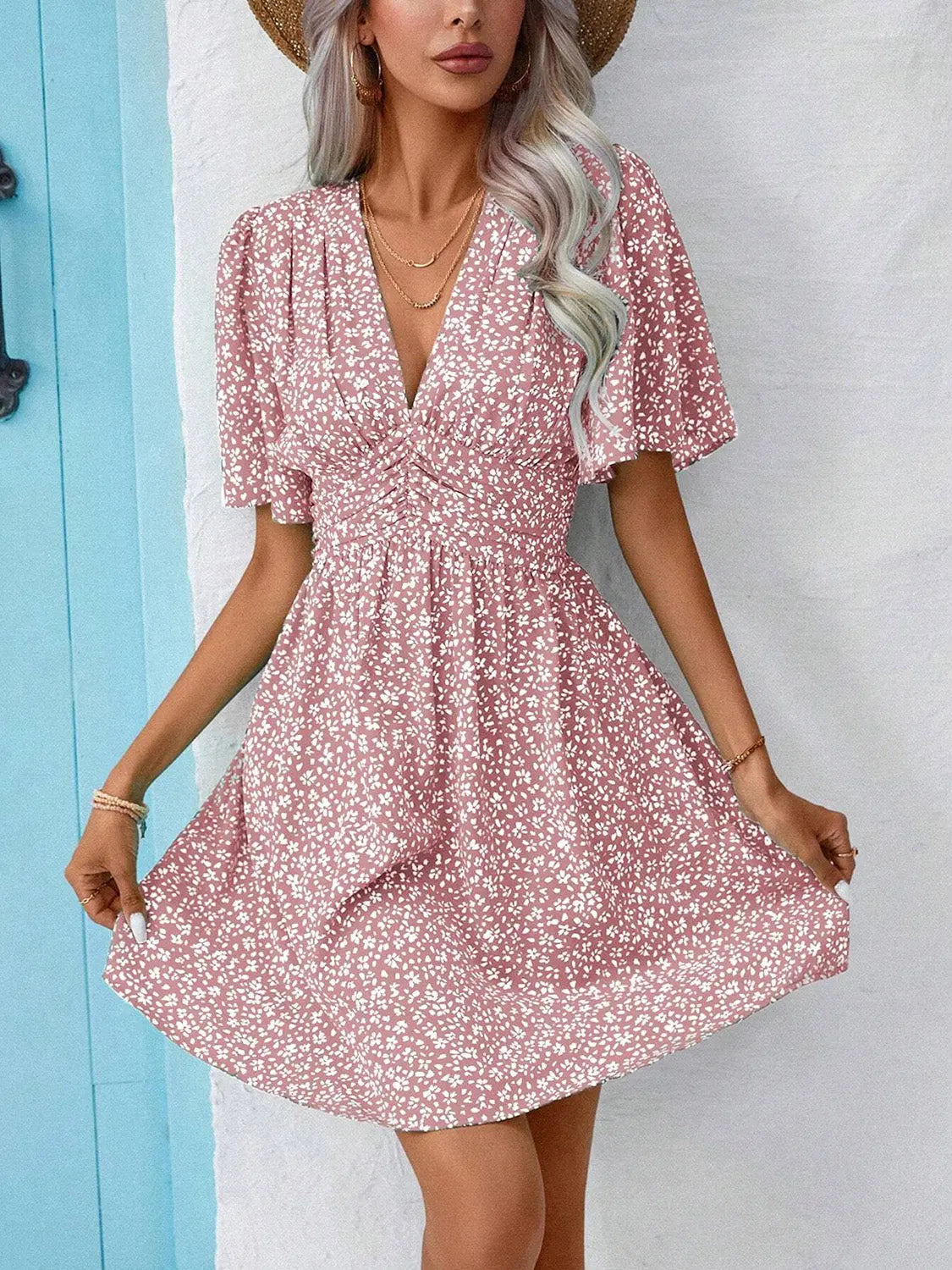Printed V-Neck Half Sleeve Mini Dress - Be Bliss Boutique