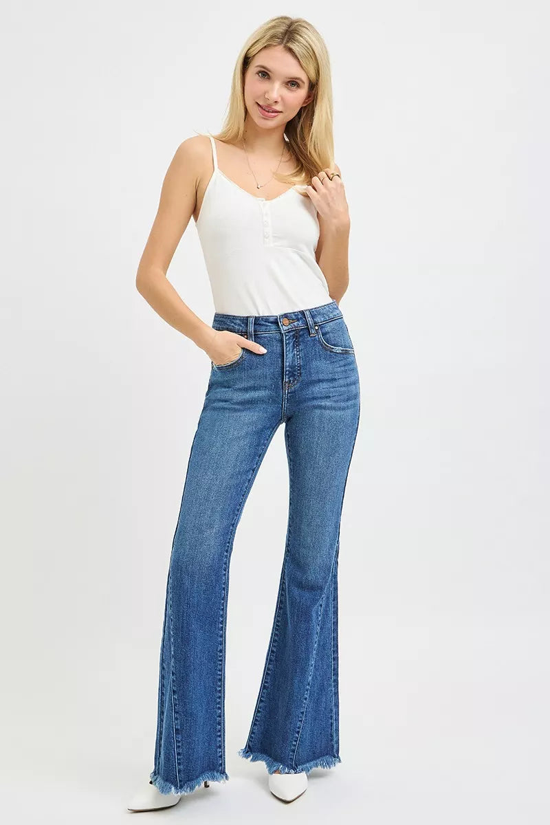 RISEN Jeans - Mid Rise Flare Side Seam Detailing Jeans - Be Bliss Boutique