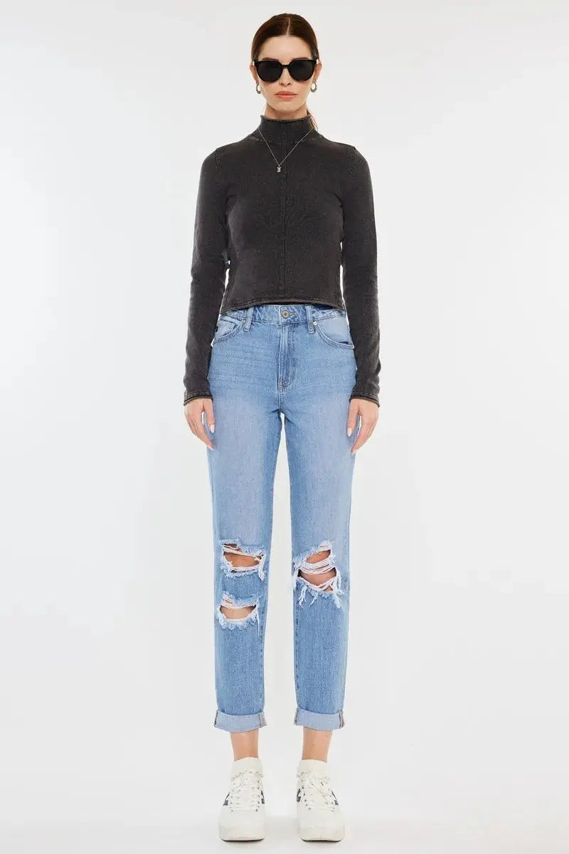 Kancan High Rise Distressed Mom Jeans - Be Bliss Boutique
