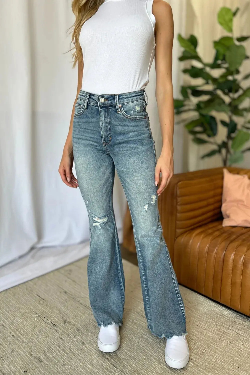 Plus Size Medium Rise Tummy Control Destroy Flare Judy Blue Jeans - Be Bliss Boutique