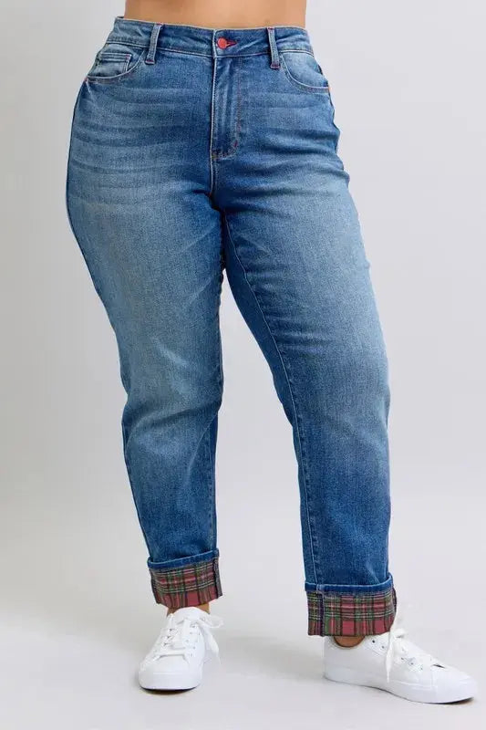 Plaid Cuff Boyfriend Judy Blue Jeans – Mid Rise Straight Leg - Be Bliss Boutique