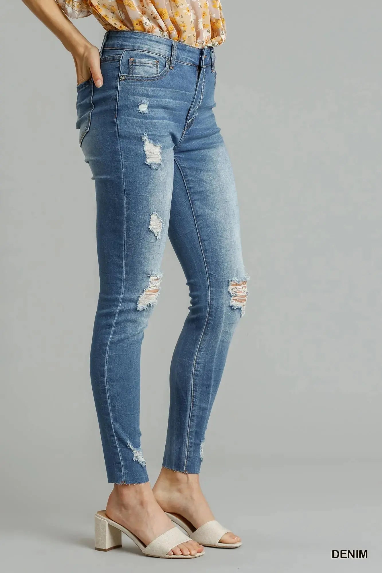 Umgee High Waist Distressed Skinny Jeans with Raw Hem - Be Bliss Boutique