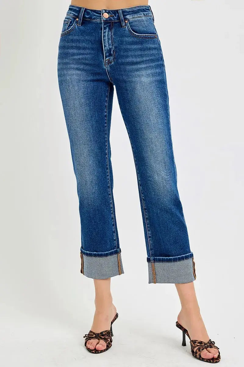 Full/Plus Size High Rise Ankle Straight Cuffed RISEN Jeans - Be Bliss Boutique