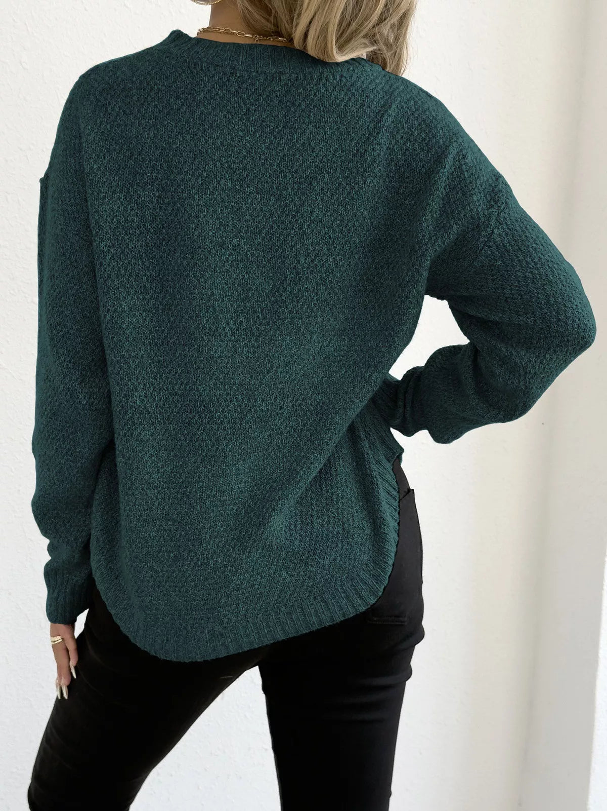 Textured Knit Relaxed Fit Round Neck Sweater - Be Bliss Boutique