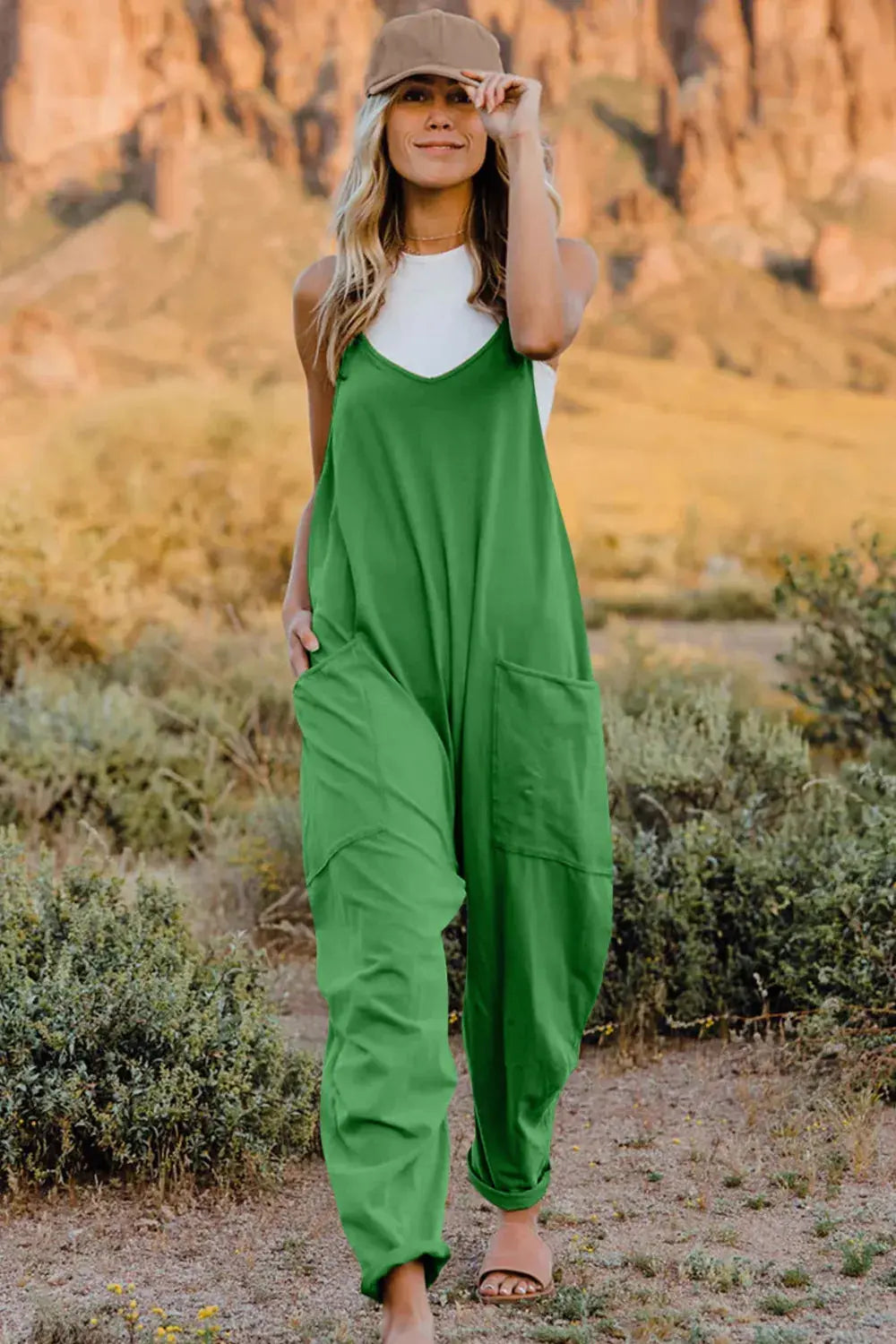 Double Take Full Size V-Neck Sleeveless Jumpsuit with Pockets - Be Bliss Boutique