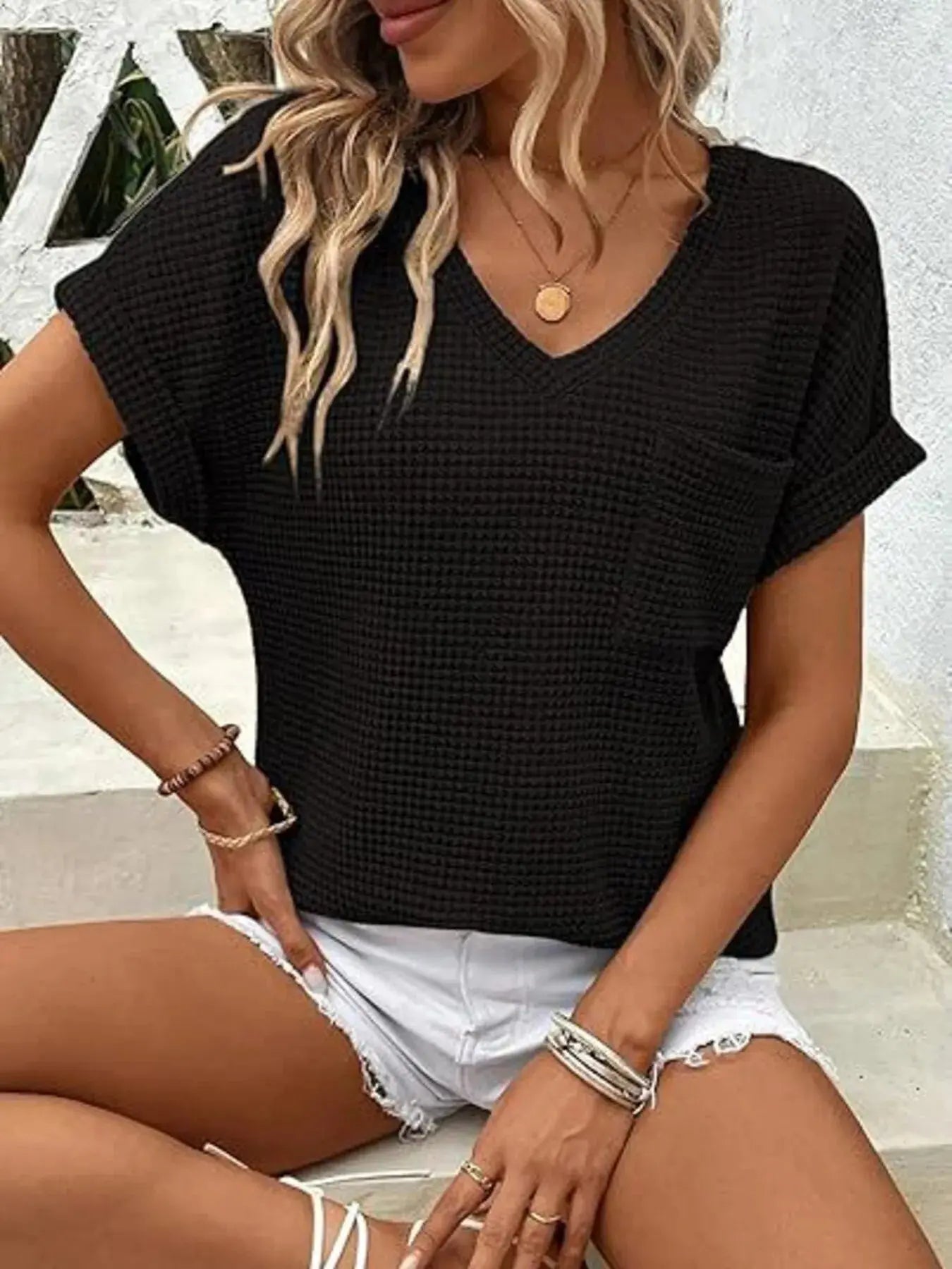 Waffle Knit V-Neck Casual T-Shirt - Be Bliss Boutique