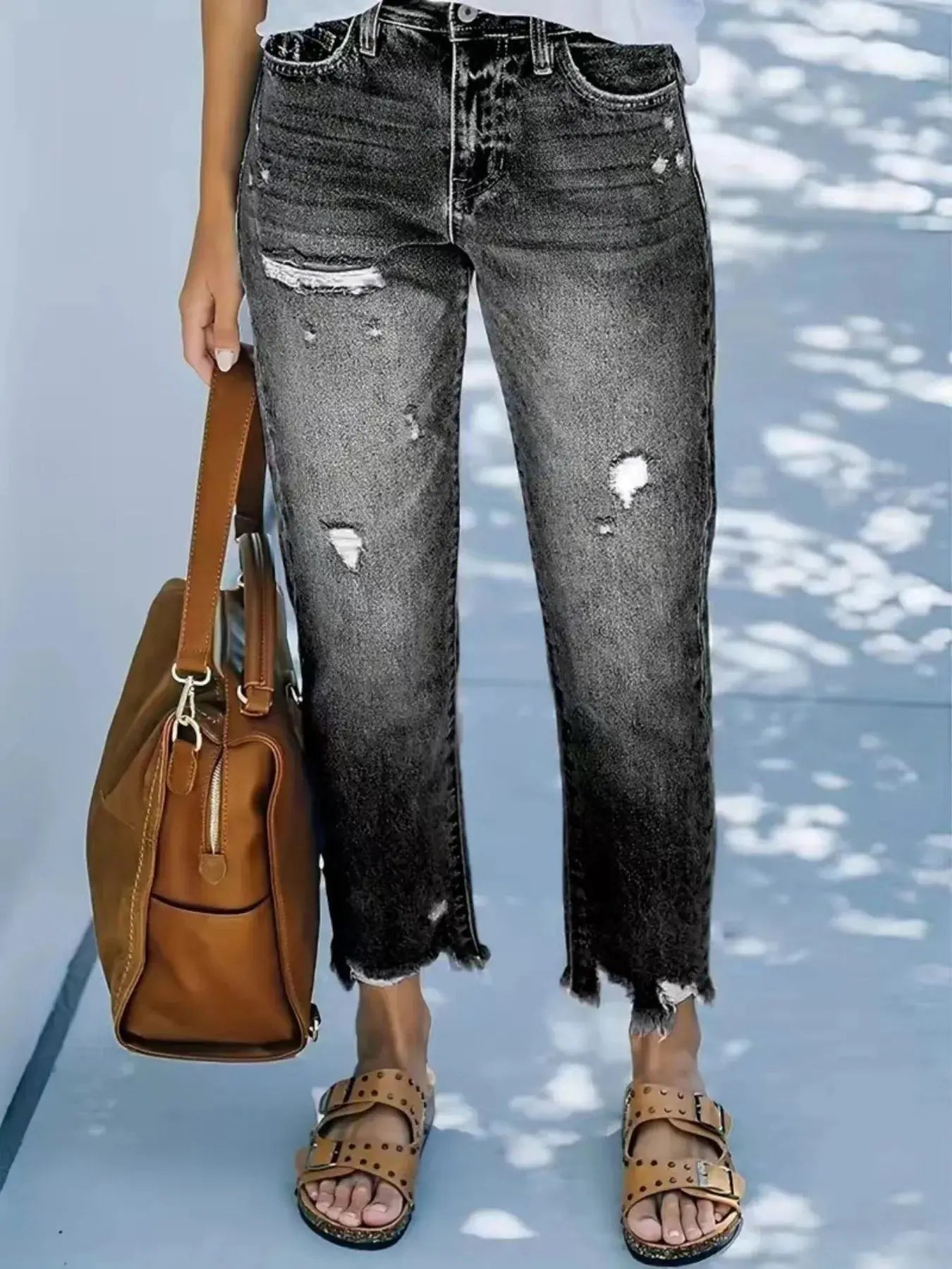Distressed Straight Leg Jeans with Raw Hems - Be Bliss Boutique