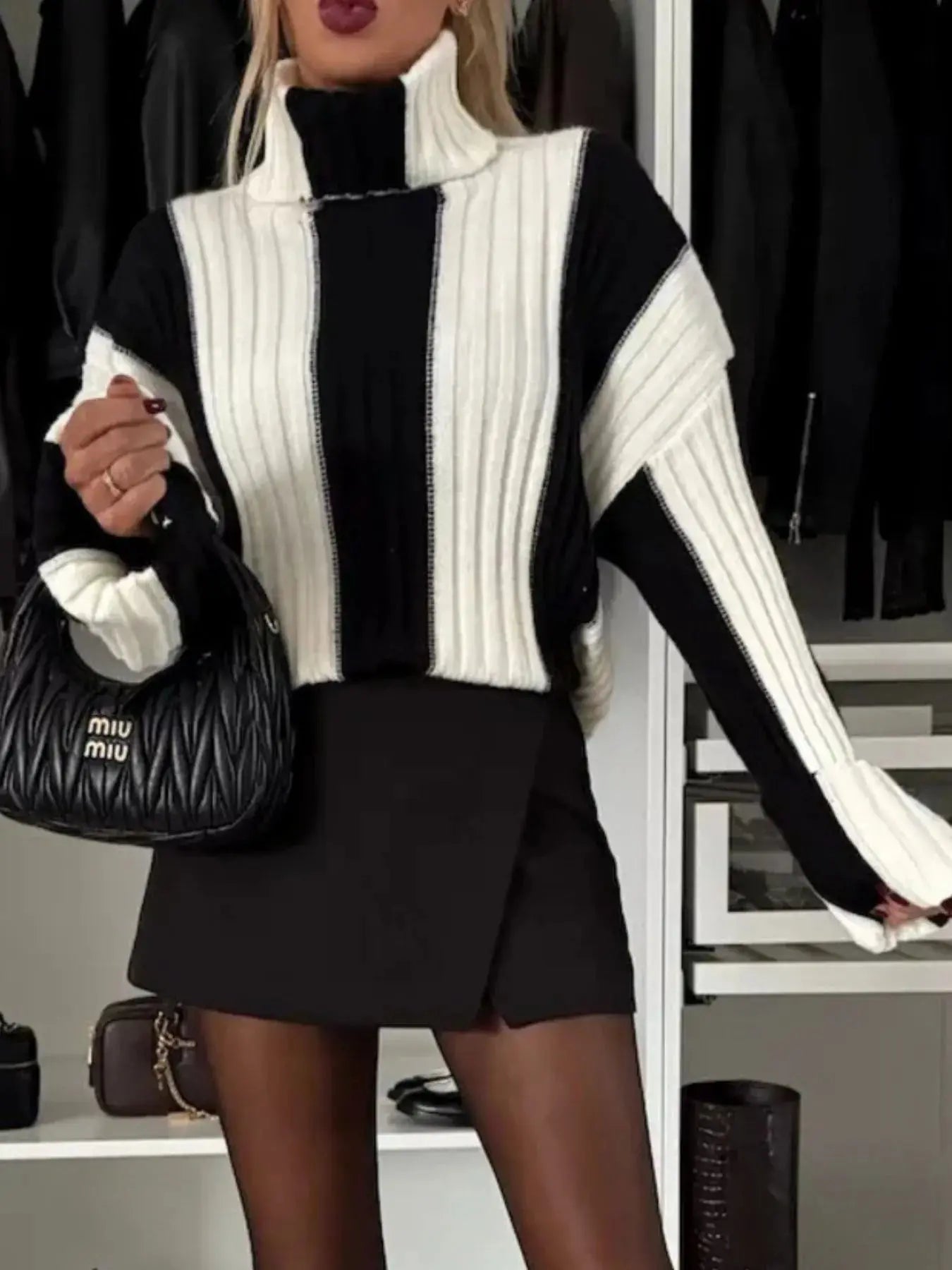 Color Block Ribbed Turtleneck Sweater - Be Bliss Boutique