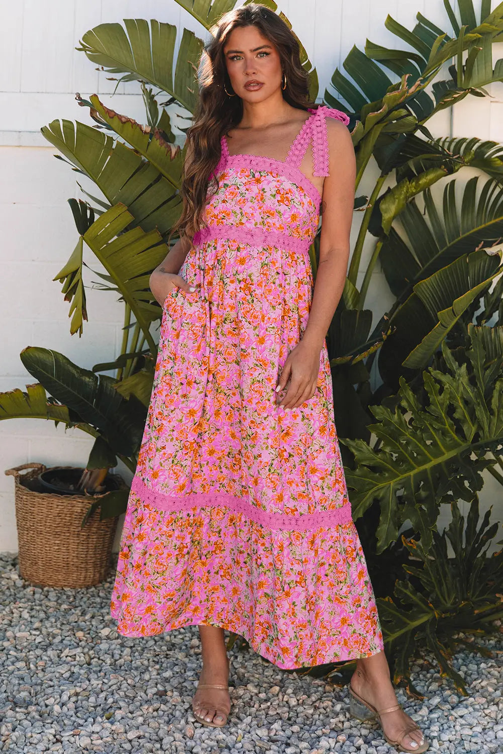 Floral Lace Tied Strap Empire Waist Maxi Dress - Be Bliss Boutique