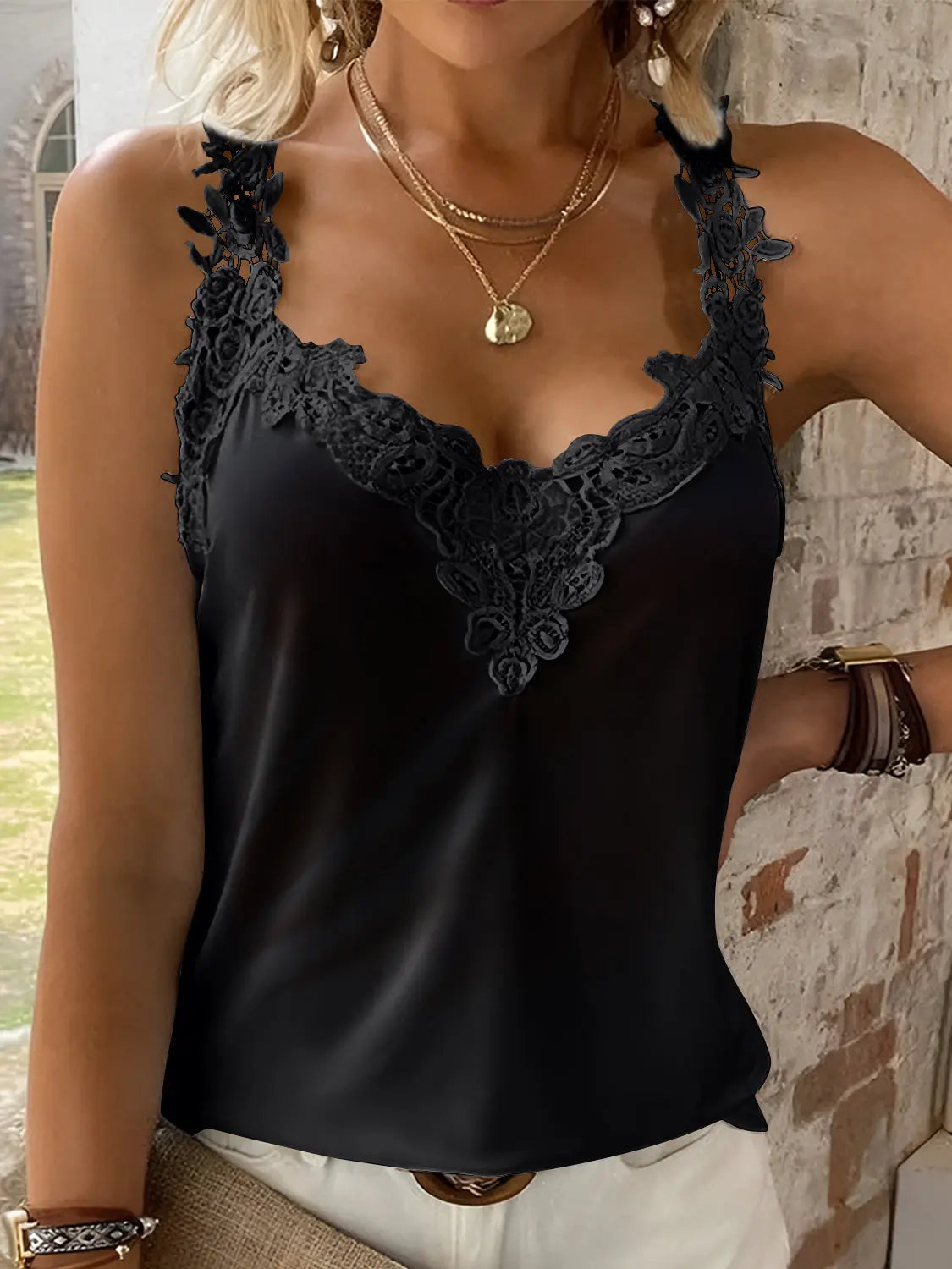 Full Size Lace Detail V-Neck Tank - Be Bliss Boutique