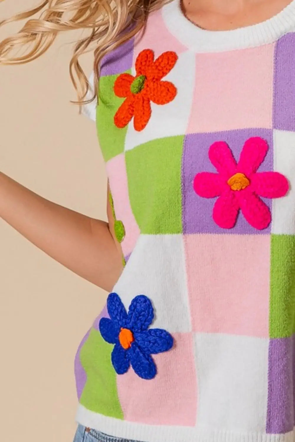 BiBi Flower Patch Checkered Sweater Vest - Be Bliss Boutique