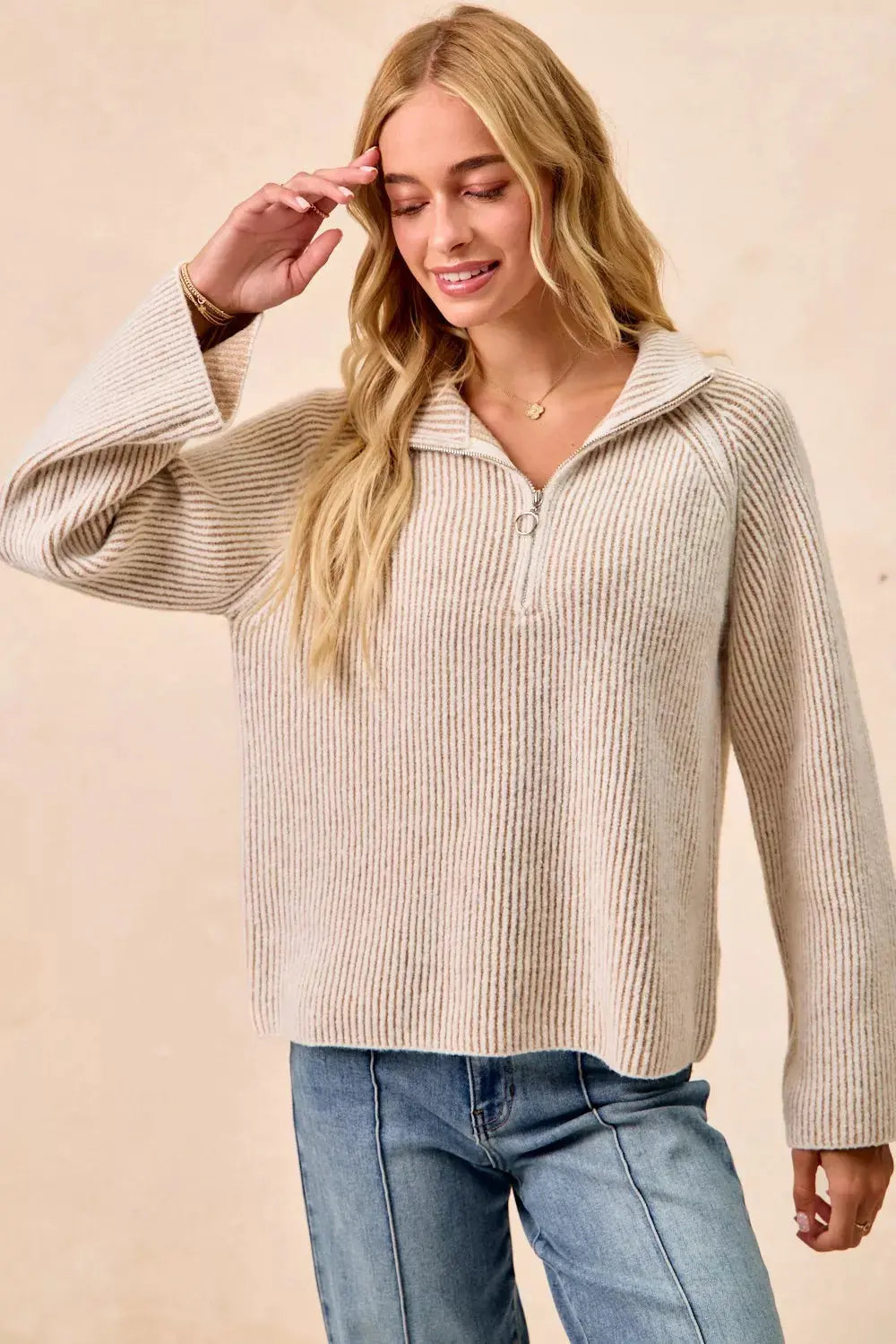 BiBi Two Tone Ribbed Textured Knit Sweater with Zip Up Collar - Be Bliss Boutique