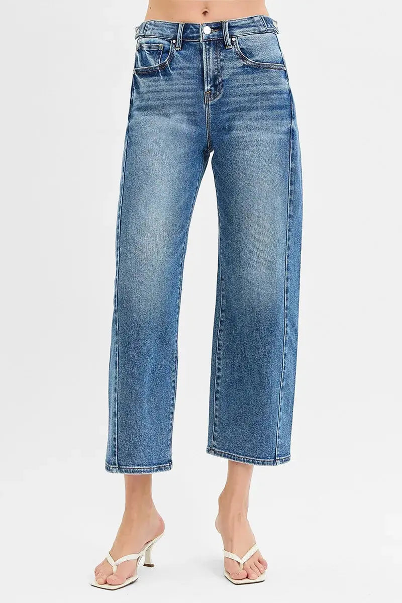 High Rise Crop Length Barrel Adjustable Waist Band RISEN Jeans - Be Bliss Boutique