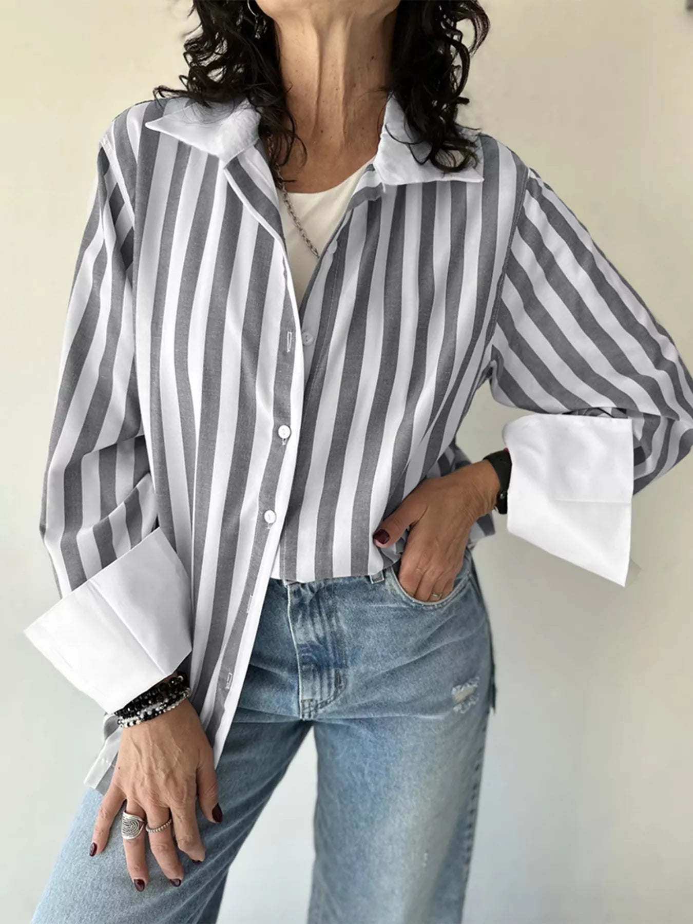 Striped Oversized Button-Up Shirt - Be Bliss Boutique